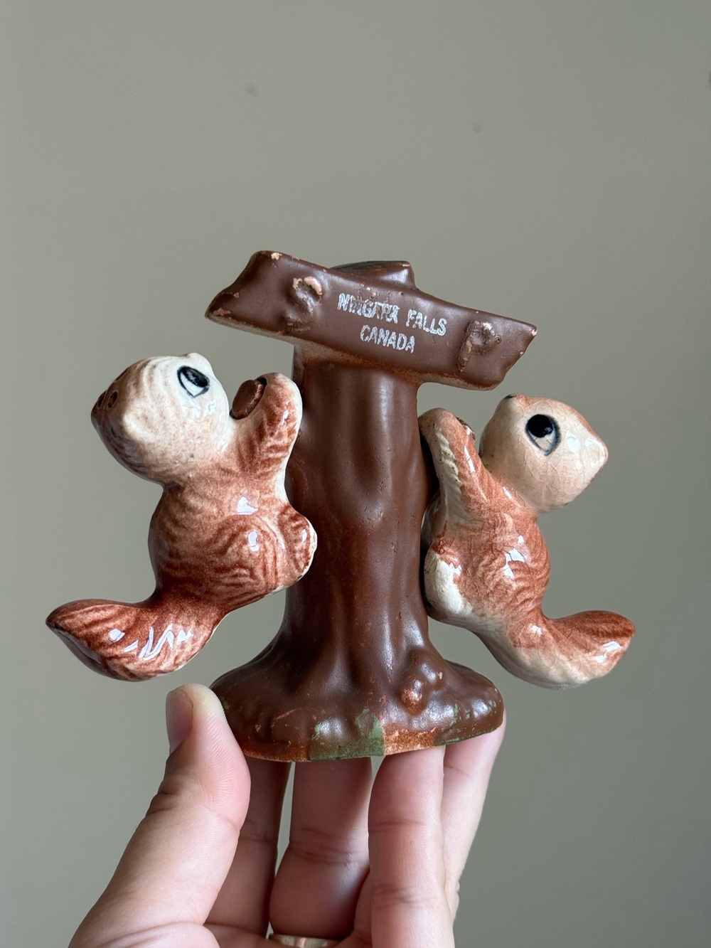 Niagara Falls Tree Hanging Squirrels Salt Pepper Shakers Vintage Ceramic Taiwan